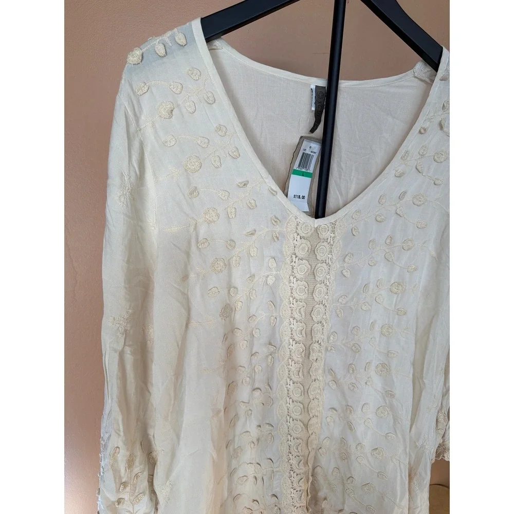 XCVI Womens White Embroidered Crochet Lace Tunic Top V-Neck High-Low 11470 L NEW